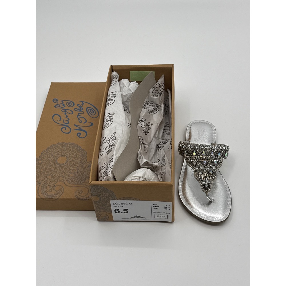 Naughty Monkey Loving U Silver Rhinestone Thong Sandals Flat Slides 6.5